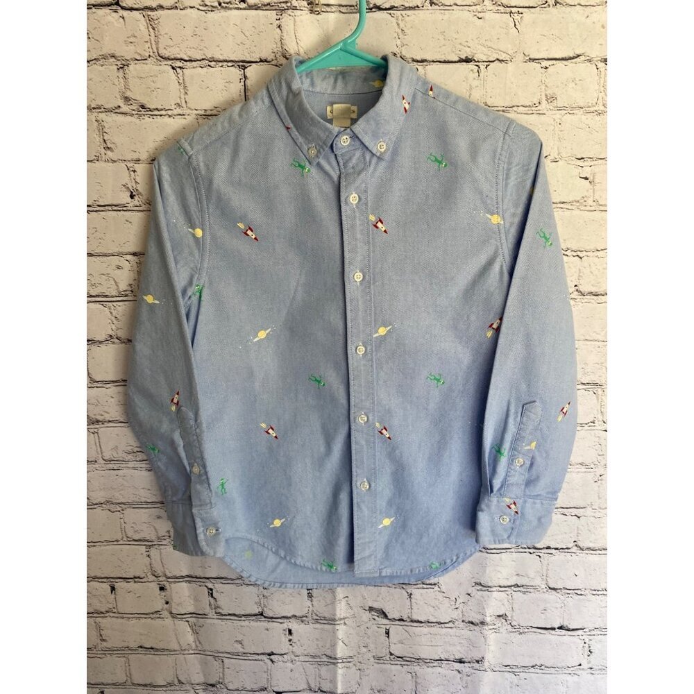 Crew Cuts Light Blue Oxford Cloth W/ Space Print Long Sleeve Button Down Shirt B